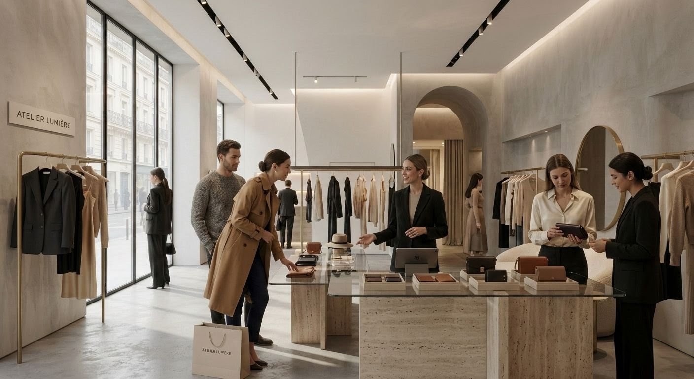 Boutique en operación con clientes, exhibición central y atención personalizada