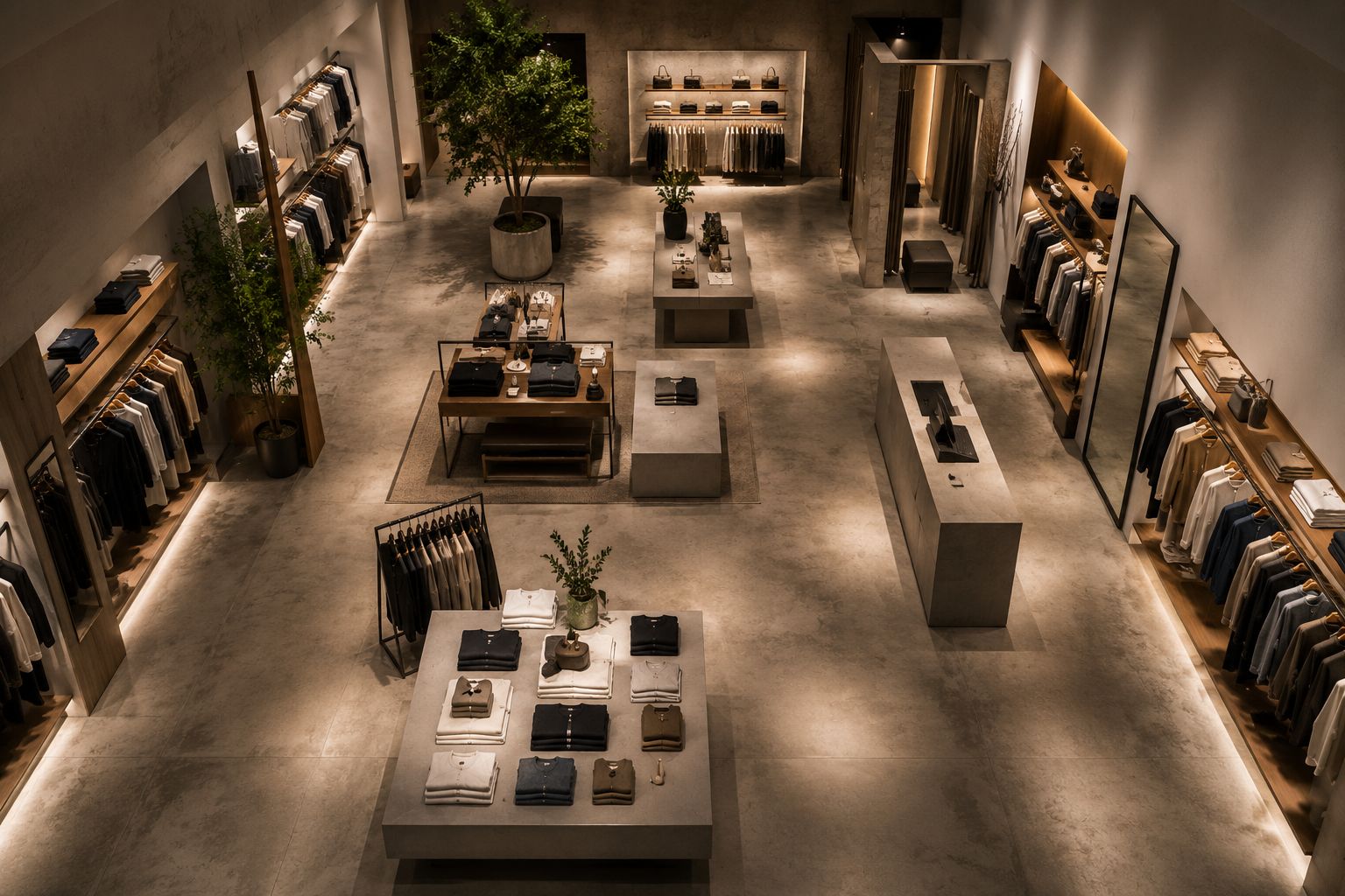 Vista cenital de una tienda de moda con layout libre y exhibiciones jerarquizadas