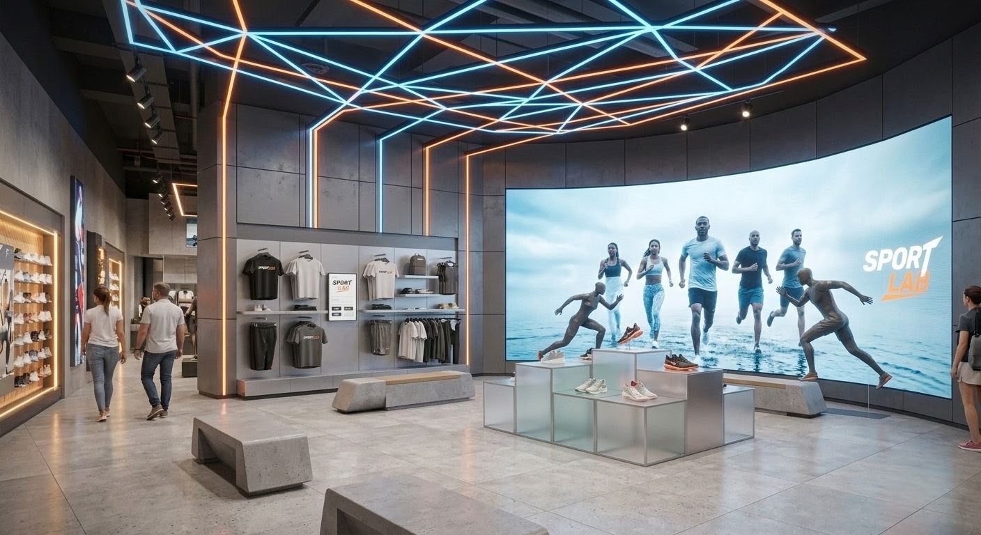 Interior de tienda deportiva con iluminación lineal y exhibición central