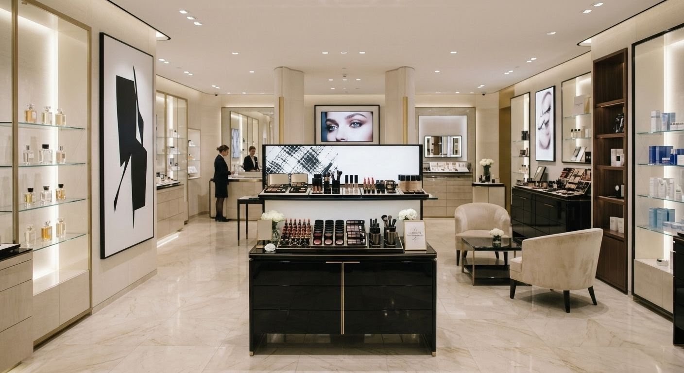 Vista general de una tienda de cosméticos con exhibiciones y recorridos claros